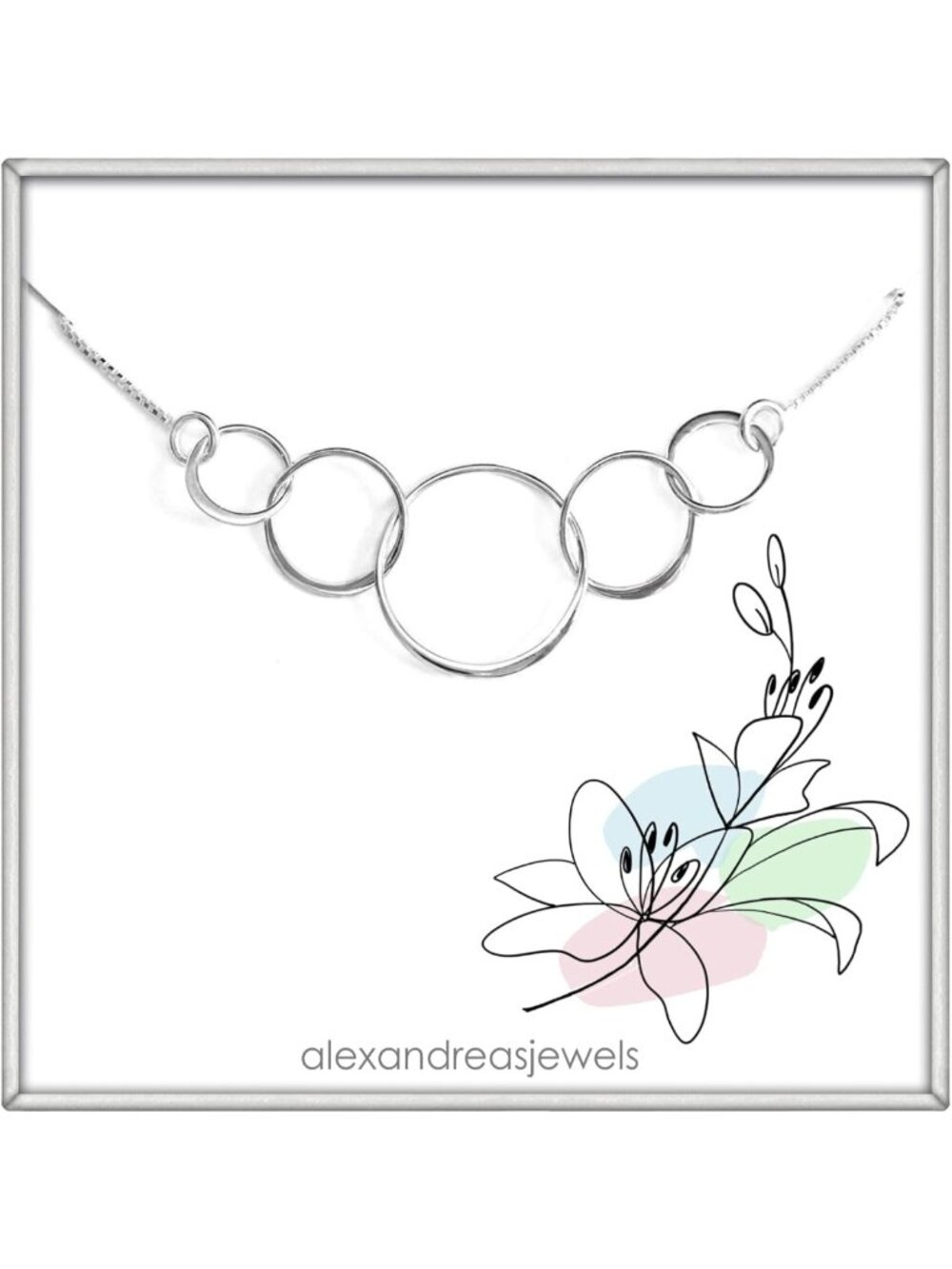 Sterling Silver Interlocking Five Ring Necklace - Perfect 50th Birthday
